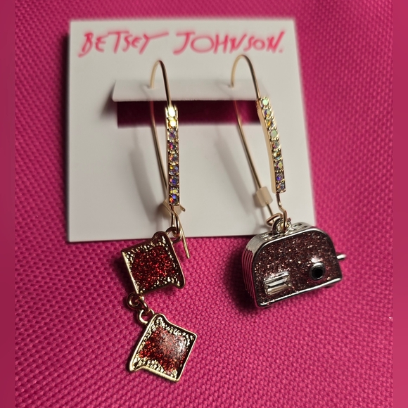 Betsey Johnson Gold-Tone Drop Earrings with Red & Pink Glitter Charms - Picture 10 of 14